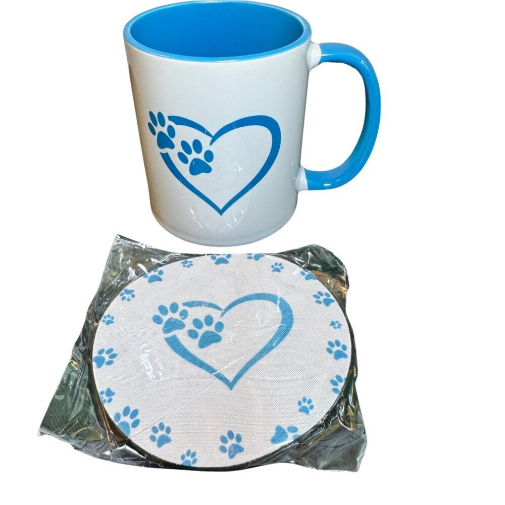 Heart & Pawprint White Blue Mug and Coaster Gift Set - NEW